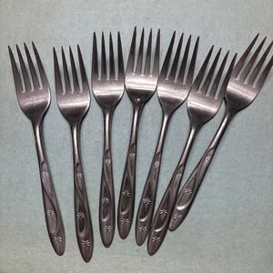 7 Vintage Americana Star Stainless Flatware Starburst 6" Salad  Dessert Forks